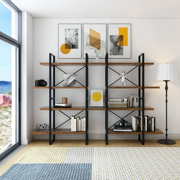 Large double bookcases with 8 walnut wood shelves for living room