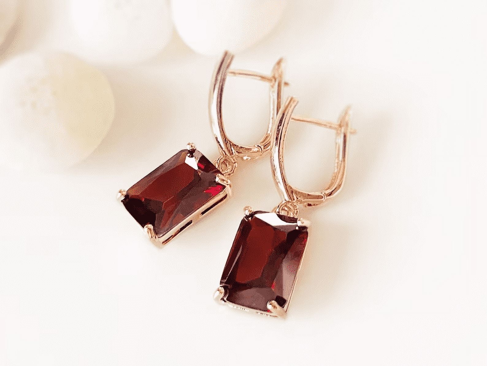 ARENA GEMS JEWELLERY Large emerald cut garnet dangle earrings January birthstone red gemstone drop