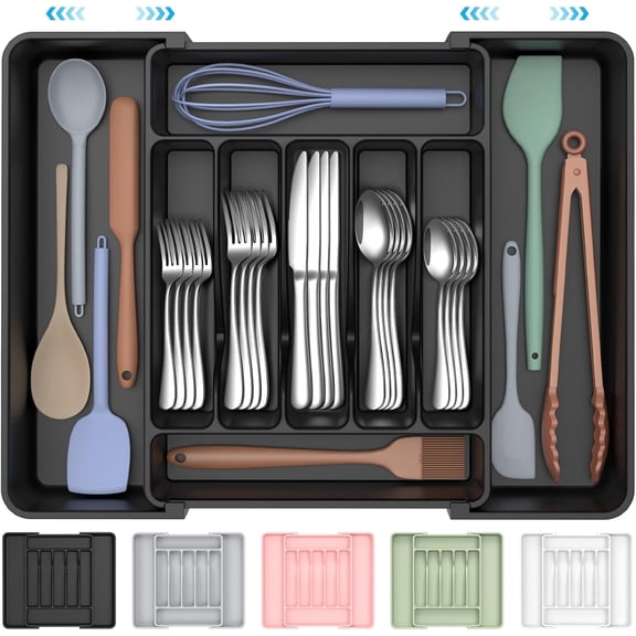 Large expandable silverware storage device, food safety tableware flat tableware storage device without BPA, adjustable silverware holder, for spoon fork knife, black