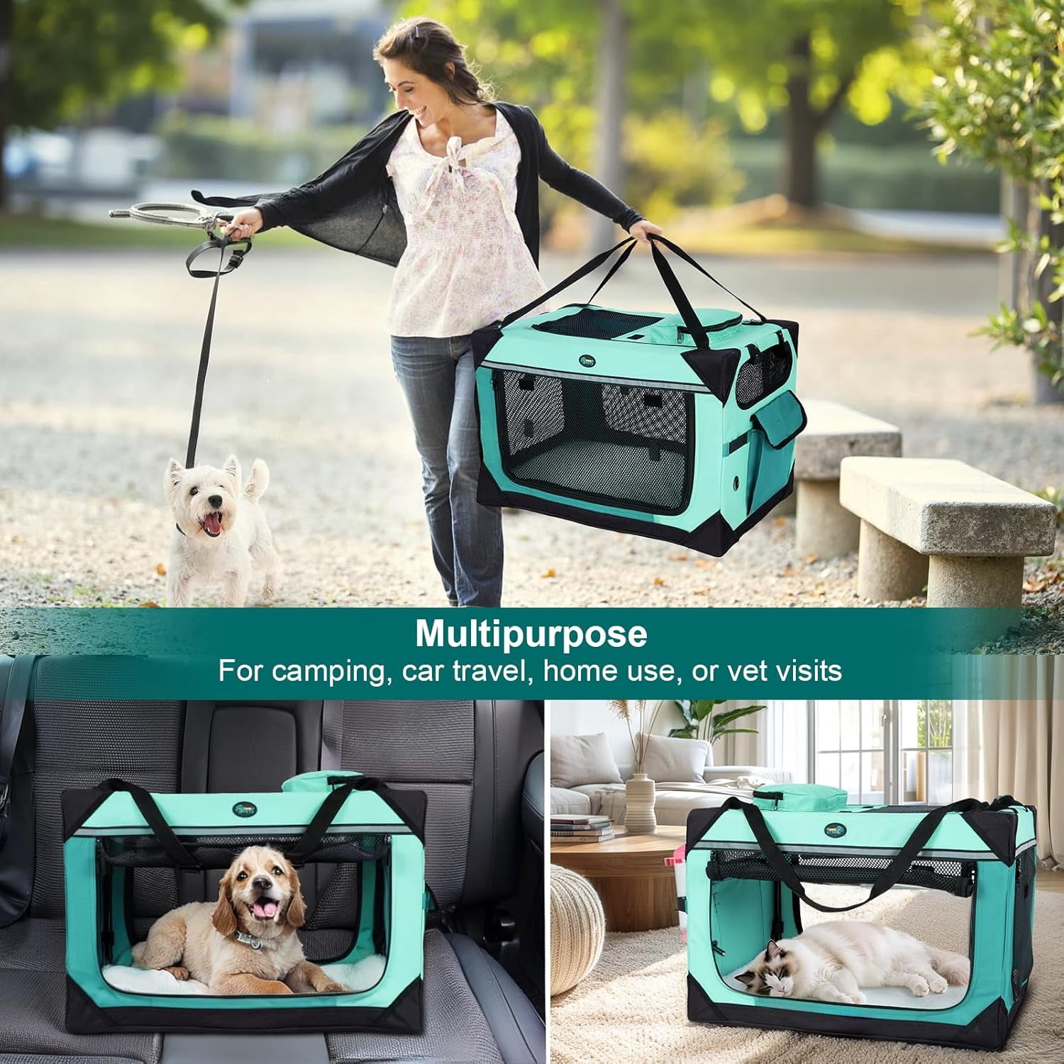 Large   for 2 Cats Small Dogs, 24 Inches Collapsible Soft Dog Crate for Car Travel, Portable  with Soft Mat