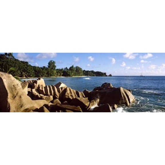 Large granite rocks on the shoreline of La Digue Island Seychelles Canvas Art - Panoramic Images (18 x 7)