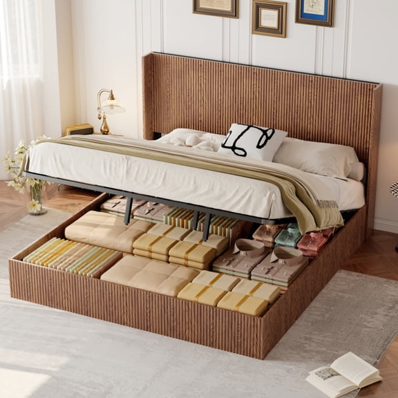 Large grooved undulating lift storage bed frame, wooden platform bed frame with lift storage, no spring box required/no noise, rustic brown slatted natural wood( King)