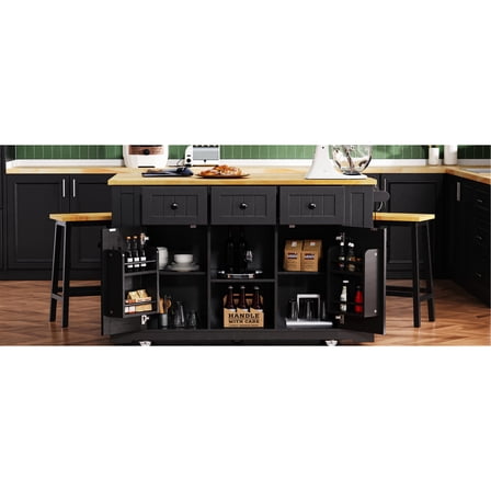 Large kitchen island with hidden wheels and soft close hinges for quiet and movable kitchen organization