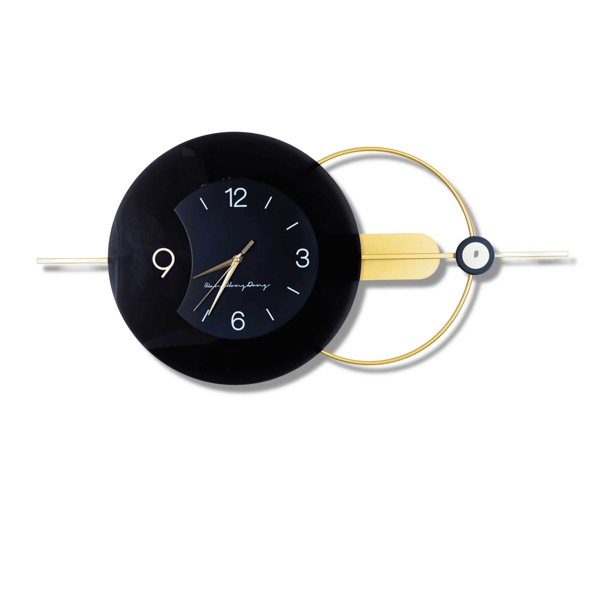 Large metal wall clock, horizontal golden black, silent clock