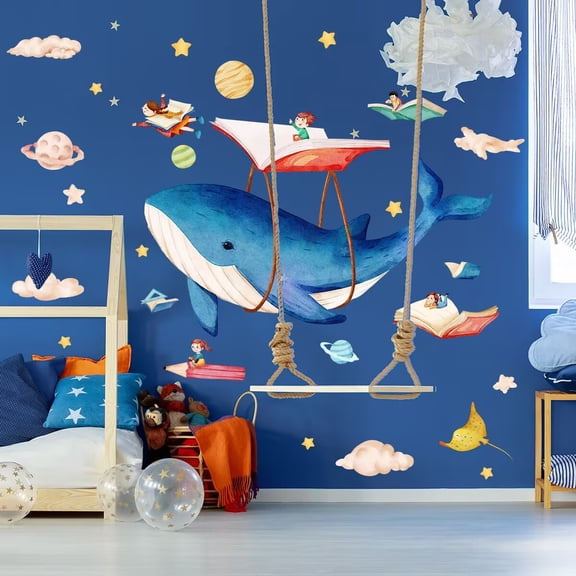 Large ocean world decals, whale stickers, children's room decoration decals, detachable DIY art decoration murals for bedrooms, nurseries, TV walls, wall stickers for nurseries, bedrooms