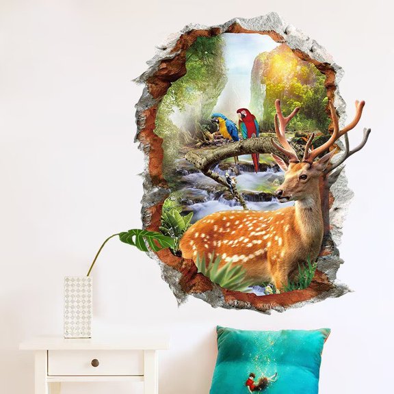 3D forest tree wall decals, parrot wall stickers, bird, deer wall decals, forest animal stickers DIY Peel and Stick Removable Wall Stickers for Living Room Bedroom TV Wall