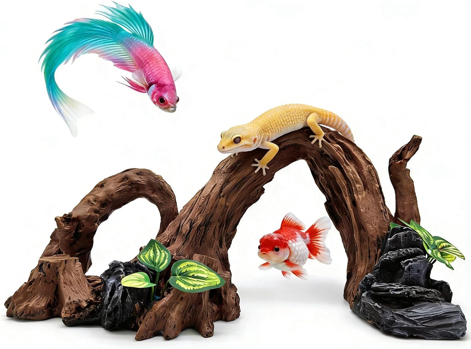 Large pet Fish Tank Decorations Aquarium Decor Ornaments Betta Silk Leaf pad Hammock Artifical Driftwood cave Goldfish Bowl Accessories -15.5 inches Long