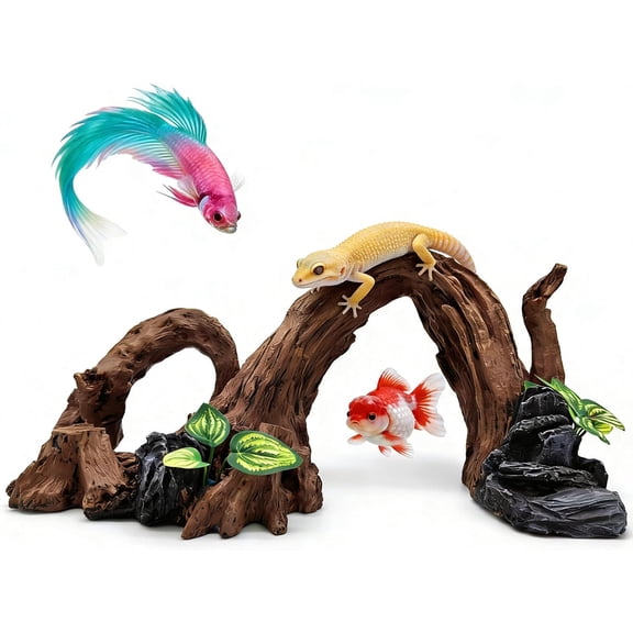 Large pet Fish Tank Decorations Aquarium Decor Ornaments Betta Silk Leaf pad Hammock Artifical Driftwood cave Goldfish Bowl Accessories -15.5 inches Long