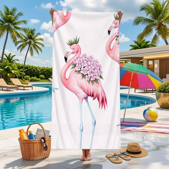 Large pink flamingo beach towel with crown and bouquet print, vibrant tropical poolside towel, perfect for summer vacations, travel, swimming, and outdoor sun bathing
