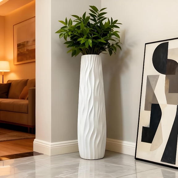 Large plastic floor/tabletop vase, 22.83 inches tall: Geometric cylindrical design, suitable for hydroponics and dried flower arrangements; lightweight and shatter-resistant material.