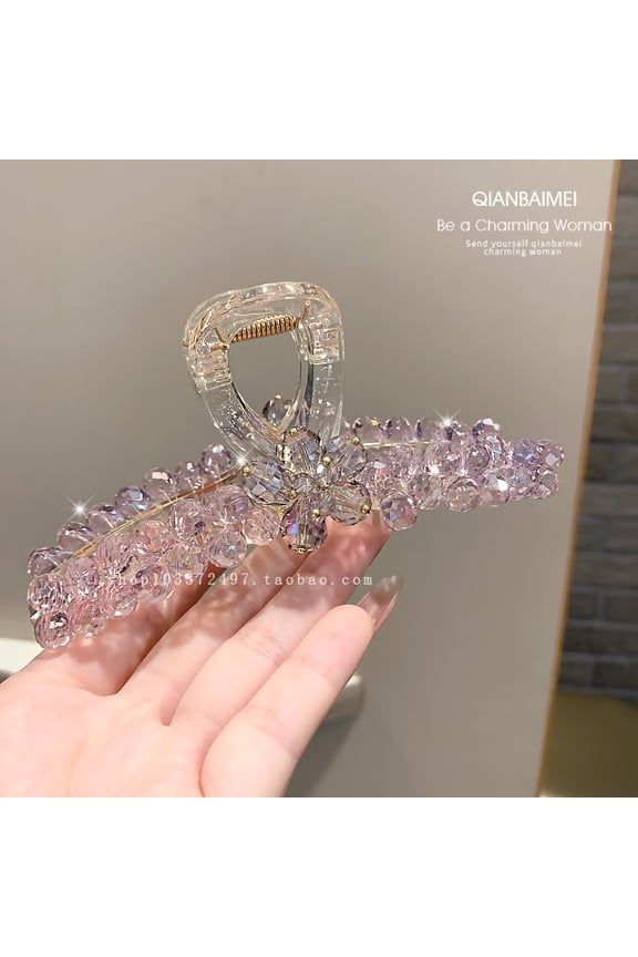 Large purple crystal claw clip for elegant updo, luxury shark clip for back hairstyle, flyaway hair accessory, stylish women's hair clip