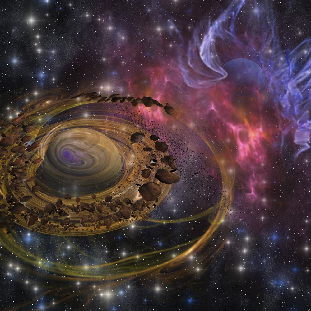 Large rocks swirl around and form a planet in the cosmos Canvas Art - Corey FordStocktrek Images (28 x 28)