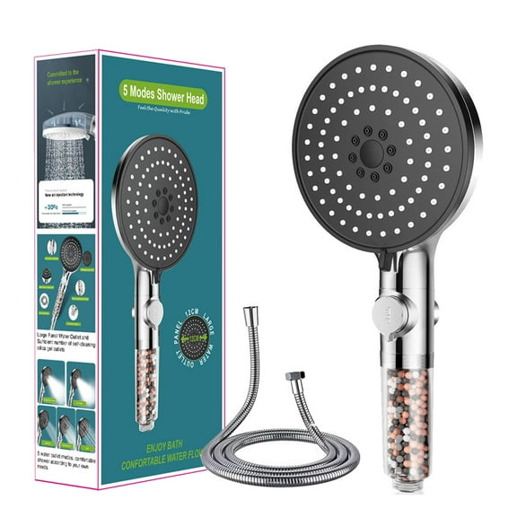 Large shower head with filter (120 mm diameter) High pressure shower head 5 types of jet, Anti-limescale shower head Chrome with 1.5M hose, Chlorine-infused, Shower head Large shower head with filter