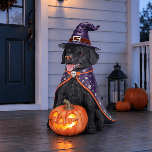 Large sitting black dog statue for Halloween, adorned with a witch hat and cloak, featuring a glowing LED Jack-o'-lantern