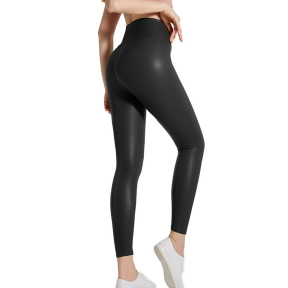 Large size PU leather pants for women, high elasticity solid color bright black high waisted leggings, sexy hip lifting tight leather pants