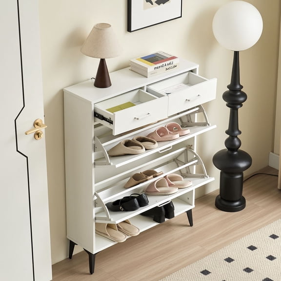 Large size Shoe Cabinet,Free Standing Tipping Bucket Shoe Rack Organizer with 2 Flip Drawers&2 Drawer,Modern Tipping Bucket for Entryway, Hallway, Bedroom