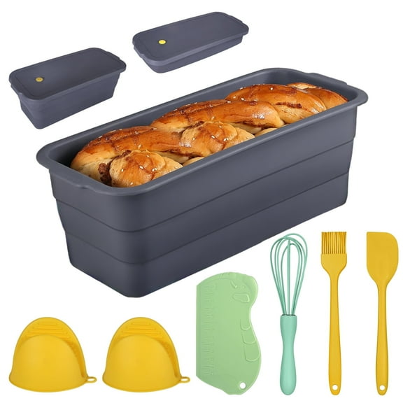 Large size foldable silicone bread loaf pan with lid,11x4.7 Inch easy to store non stick Bread Baking Pans,Sourdough Bread Pan with Baking Tool Supplies Kit for Homemade Bread, Cake