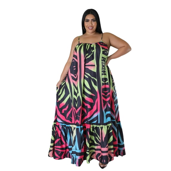 Large size loose suspender dress printed casual long skirt-Purple-3XL