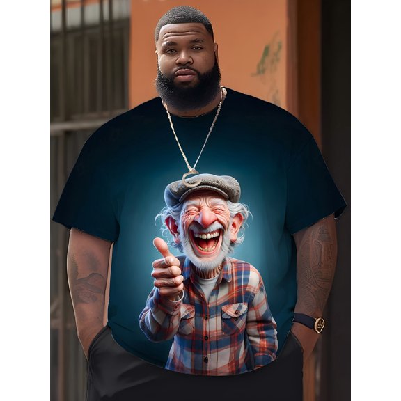Large size men's old man thumbs up, likes laughing and crying pattern printing T-shirt, fun pattern printing, round neck short-sleeved T-shirt, large size men's casual daily T-shirt