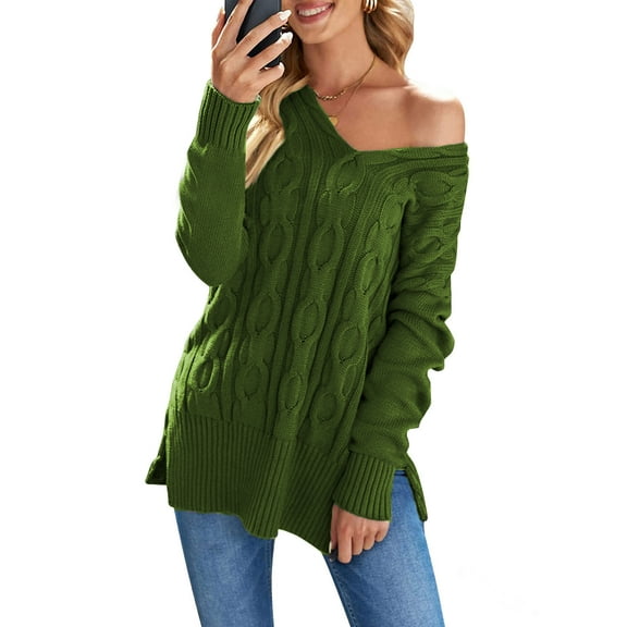 Large size women's casual sweater, women's solid color long sleeve V-neck mid-stretch knit pullover