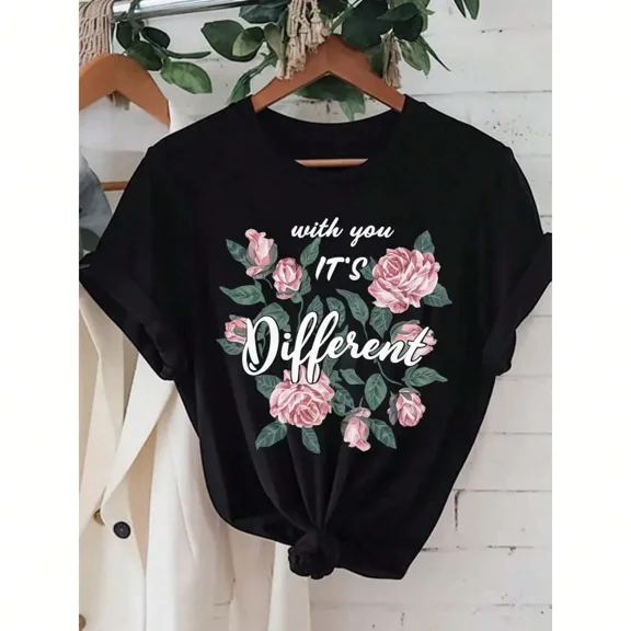 Large size women's floral print, casual short sleeved sports round neck T-shirt