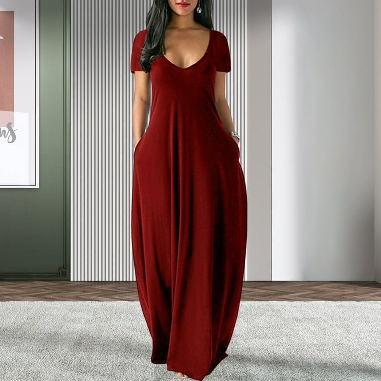 Large size women's solid color dress deep V short sleeve long skirt(Wine  Red,2XL) 