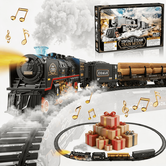 KENCOCO Electric Train Set for Kids Ages 3-8, ABS Battery Operated Steam Train Toy with Lights, Sounds and Railway Tracks
