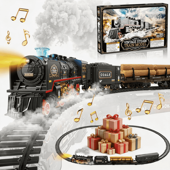 KENCOCO Electric Train Set for Kids Ages 3-8, ABS Battery Operated Steam Train Toy with Lights, Sounds and Railway Tracks
