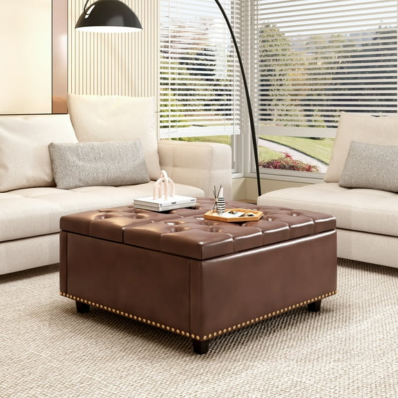 Large square storage stool with two storage doors, footstool for living room Studded mid-century modern coffee table, black PU leather