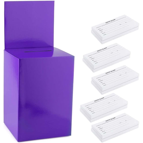 Large thick cardboard raffle Ballot Box 9.5"H x 6.5"W x 6.5"D Charity Donation collection Box office Suggestion comment Box removable display area 6.5" x 6.5" Includes 1000 SheetsPurple 10 pack