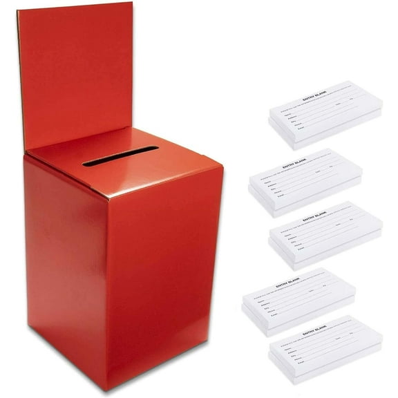 Large thick cardboard raffle Ballot Box 9.5"H x 6.5"W x 6.5"D Charity Donation collection Box office Suggestion comment Box removable display area 6.5" x 6.5" Includes 1000 SheetsRed 10 pack