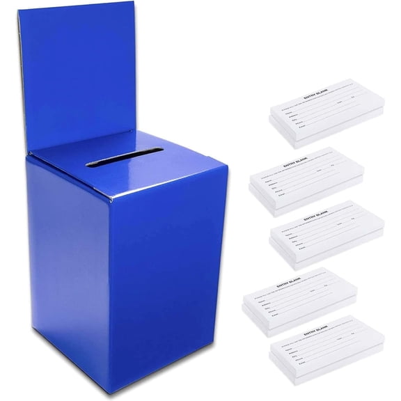 Large thick cardboard raffle Ballot Box 9.5"H x 6.5"W x 6.5"D Charity Donation collection Box office Suggestion comment Box removable display area 6.5" x 6.5" Includes 1000 SheetsBlue 10 pack