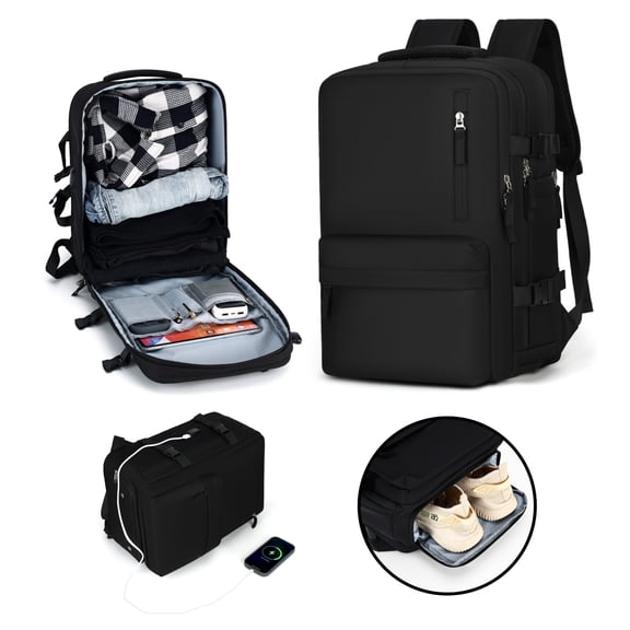 Large travel backpack, suitcase backpack, travel backpack (carry-on), waterproof laptop backpack (black)