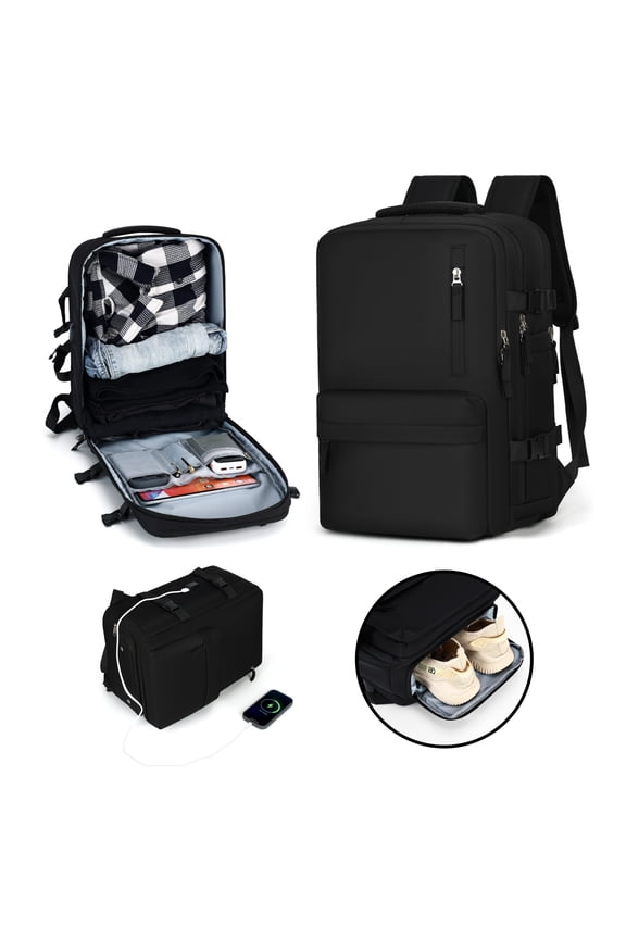 Large travel backpack, suitcase backpack, travel backpack (carry-on), waterproof laptop backpack (black)