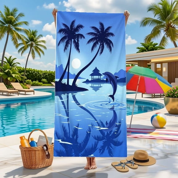 Large tropical beach towel, bright blue dolphin palm tree sunset scene, quick-drying lightweight sand-proof beach blanket, summer vacation decor, perfect for travel, poolside, spa and resort use