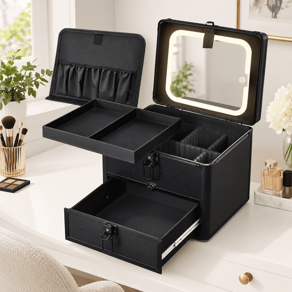 Large with Drawer Makeup Case with Detachable Lighted LED Mirror Organizer