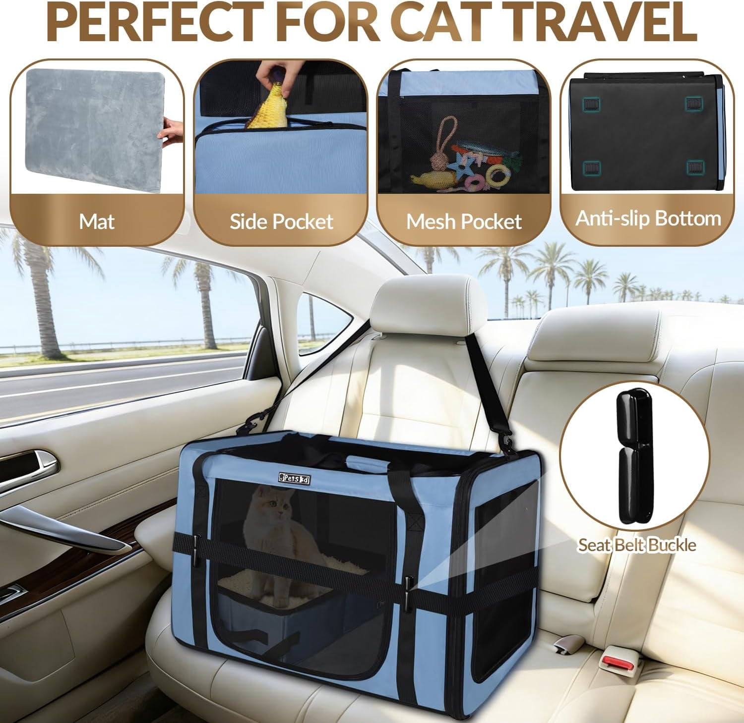 Large   with Litter Box for Car Travel, Soft Sided  for Cats  to 55lbs, Collapsible Dog Crate with  Belt Buckles and Locking Zippers (Blue)