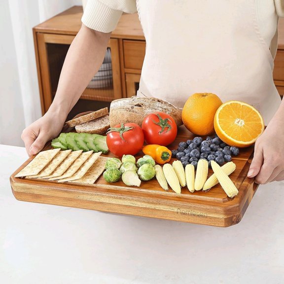 Large wood Cutting Board for Kitchen with Juice Handles Chopping Board Cheese Charcuterie Board (Striped cutting board)$$Home Decor, Kitchen, & Other