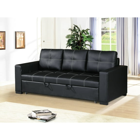 Prominently Styled Convertible In Black Faux Leather With Pull-out Bed Engaging