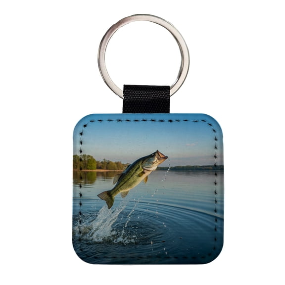 Largemouth Bass Fish Jumping Fishing Faux Leather Square Keychain
