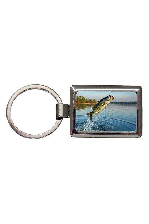 Largemouth Bass Fish Jumping Fishing Metal Rectangle Keychain