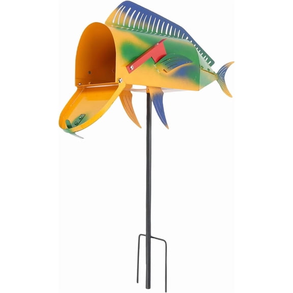 Largemouth Fish Mailbox, Large Capacity Iron Rural with Ground Stake for Yard
