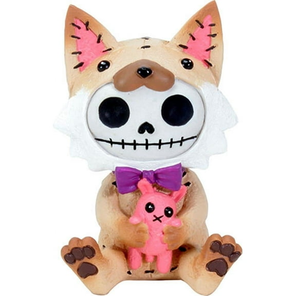 Larger 4"H Furrybones Fen Signature Skeleton in Fox Costume Holding a Pink Bunny