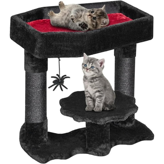 Larger Cat Tree Tower for Indoor Heavy Gothic Cat Trees with Coffin Bed, Gothic Cat House with Scratching Posts, Cat Shelves for Kitten, Spider Toy, Spooky Coffin Black with Red MMJ91L