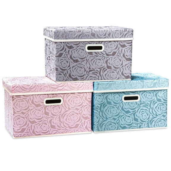 Larger Collapsible Storage Cubes With Lids Fabric Decorative Bins Boxes Organizer Containers Baskets Cover Handles For Bedroom Closet Living Room 17.7x11.8x11.8 Inch 3 Pack