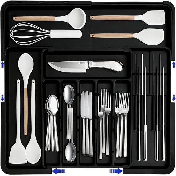 Larger Cutlery Drawer Organiser,Expandable Drawer Organizer with 9 Compartments, 3-sided Cutlery Organiser, Adjustable Cutlery Tray,utensil drawer organiser for Spoons,Forks and Knives (black)