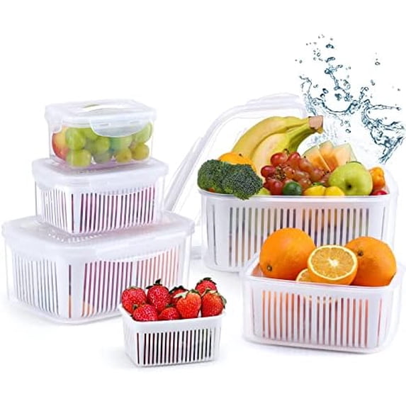 Larger Fruit Vegetable Produce Storage Saver Containers with Lid & Colander 5 Packs BPA-Free Plastic Fresh Keeper Set | Refrigerator Fridge Organizer | for Salad Berry Lettuce Food Celery