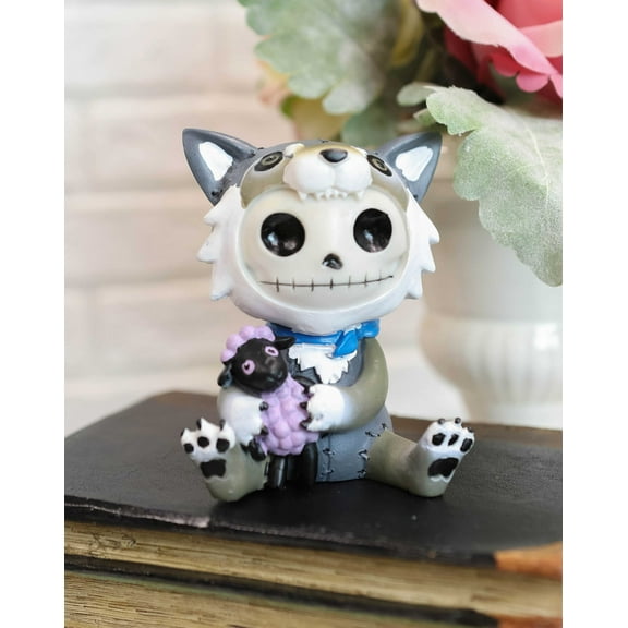Larger Furrybones Wolfgang Skeleton In Wolf Costume With Purple Sheep Figurine