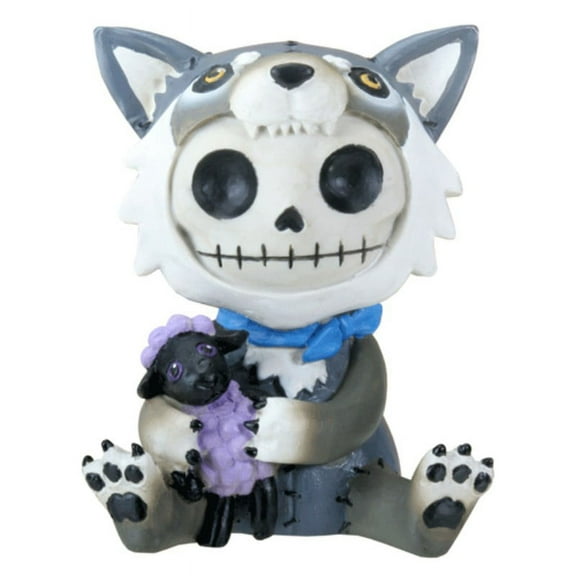 Larger Furrybones Wolfgang Skeleton In Wolf Costume With Purple Sheep Figurine