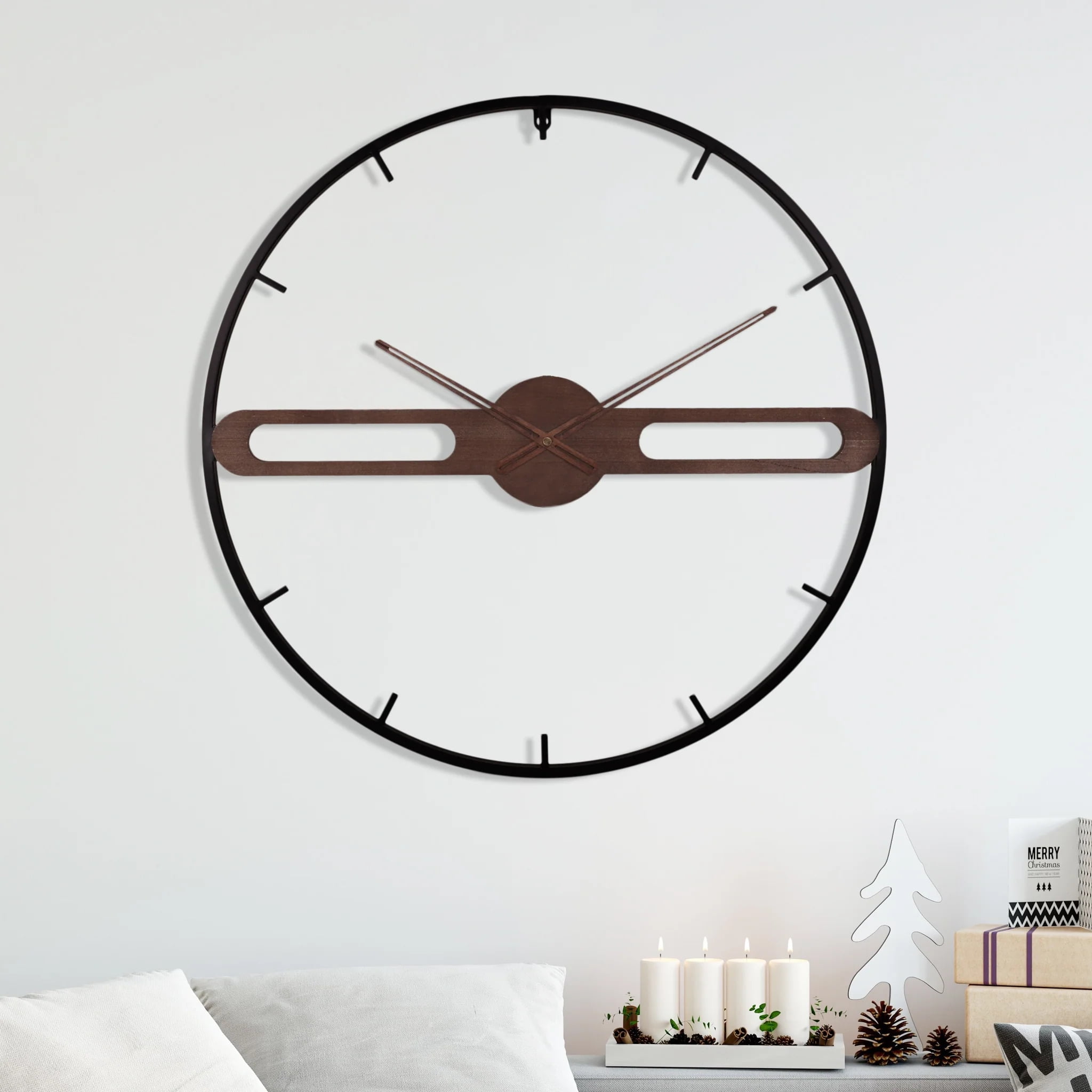 Larger Modern Wall Clock, Modern Minimalist Metal Frame, Wooden Center ...